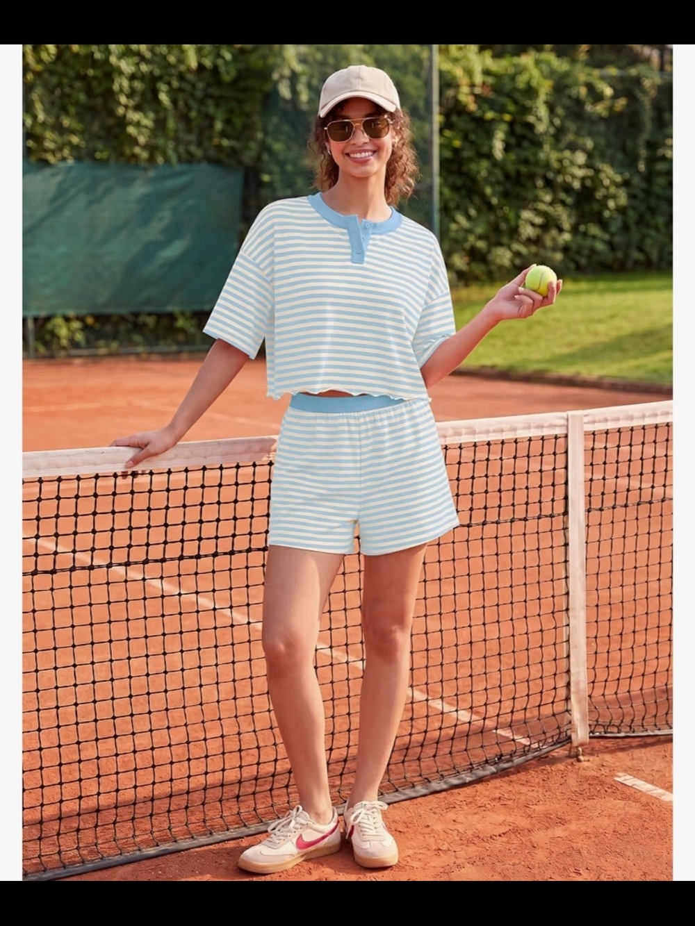 Meladyan Women’s Stripes Henley T-Shirts 2 Piece Sets Boxy Tees Shorts Set